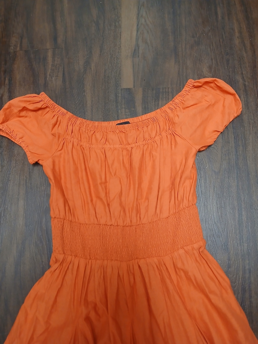 INC International Concepts Orange Smocked-Waist Midi Dress with Puff Sleeves - Picture 3 of 8